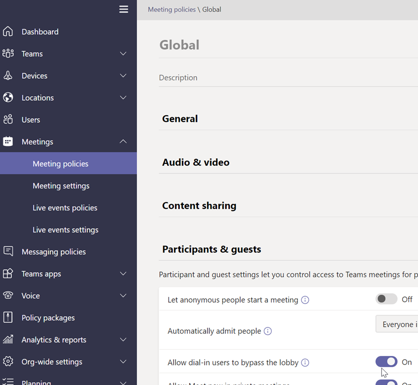 Teams A new meeting policy setting is available to control dialin